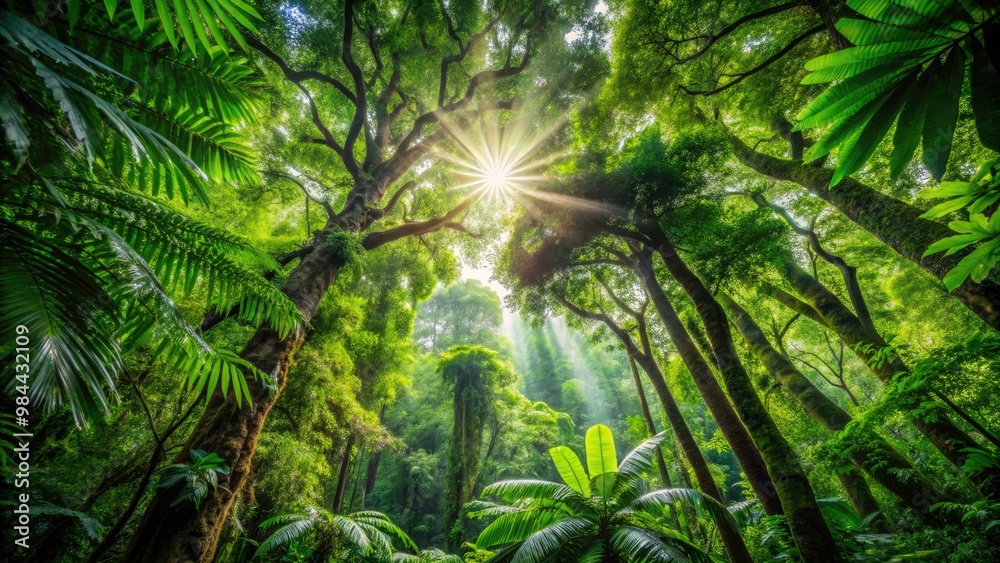 Fototapeta premium Vines and branches tangle together in a lush, verdant canopy, with sunbeams dancing through the leaves, casting intricate patterns on the forest floor.
