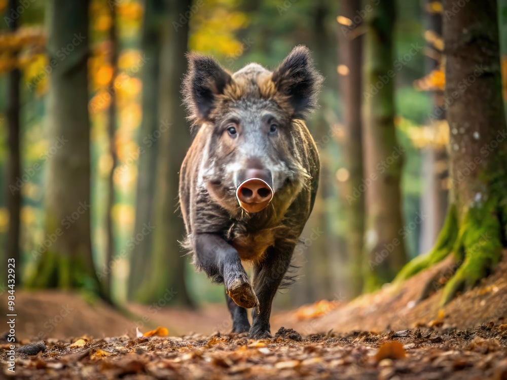 Fototapeta premium Wild boar charges towards the photographer in a forest with aggressive intent