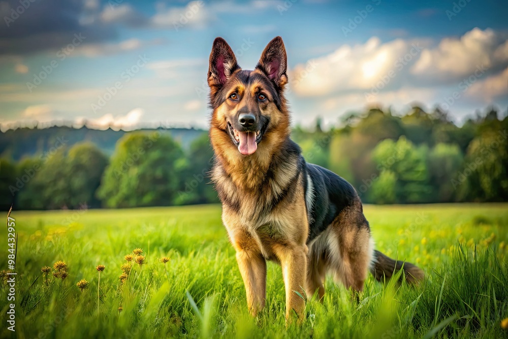 With a loyal heart and protective instincts, the handsome Eastern European Shepherd dog surveys its surroundings from a verdant green meadow. With a loyal heart and protective instincts, the handsome Eastern European Shepherd dog surveys its surroundings from a verdant green meadow.