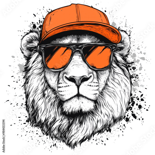 Illustration of a lion wearing sunglasses and an orange cap, for postcard or poster, print for clothes or backpack. photo