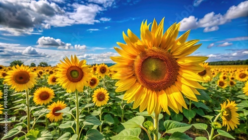 Yellow sunflowers with green leaves and tall stalks bloom under a brilliant blue sky, radiating warmth and simple beauty.