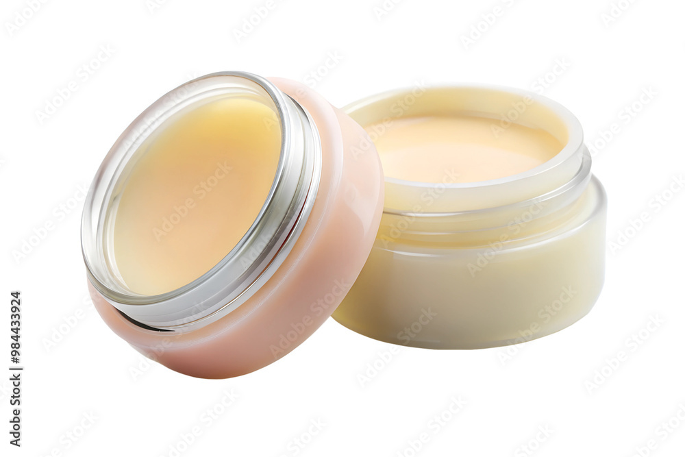 Two skin care jars with cream one open isolated on transparent background Two skin care jars with cream one open isolated on transparent background