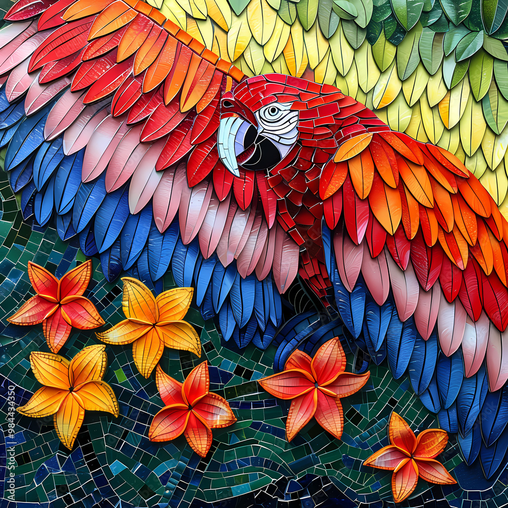 Fototapeta premium Mosaic artistic image of narrow border of Scarlet Macaw feathers and tiger lilies
