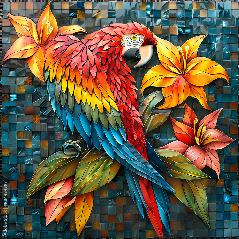 Obraz premium Mosaic artistic image of narrow border of Scarlet Macaw feathers and tiger lilies