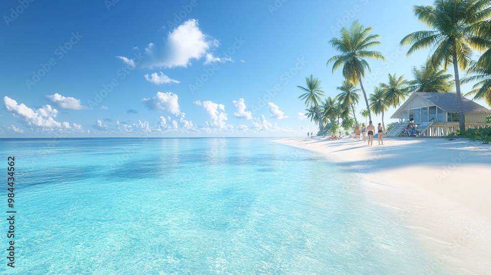 Naklejka premium Tropical Beach Paradise with Clear Blue Water and Palm Trees in Summer
