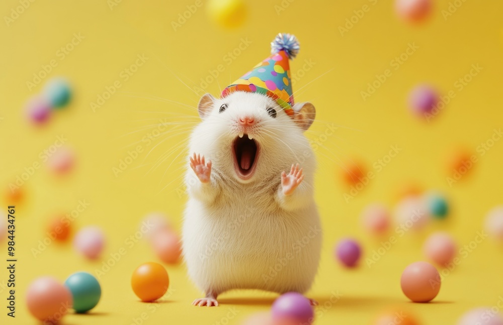 A cute white hamster wearing a colorful birthday hat like a human. A cute white hamster wearing a colorful birthday hat like a human.