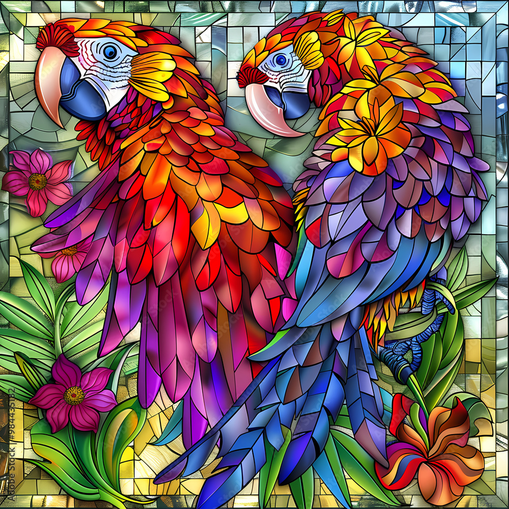 Fototapeta premium Stained glass vector-style image of beautiful Scarlet Macaw bird tail, tropical flowers, bird feathers, color coordinated abstract expressionism surrealism apophysis paisley design