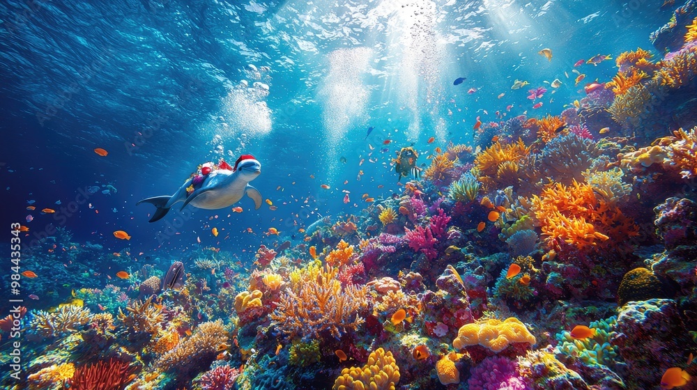 A magical underwater Christmas scene with marine creatures like dolphins and turtles decorating coral reefs with glowing ornaments and seaweed garlands, Santa wearing a diving suit delivering gifts to A magical underwater Christmas scene with marine creatures like dolphins and turtles decorating coral reefs with glowing ornaments and seaweed garlands, Santa wearing a diving suit delivering gifts to