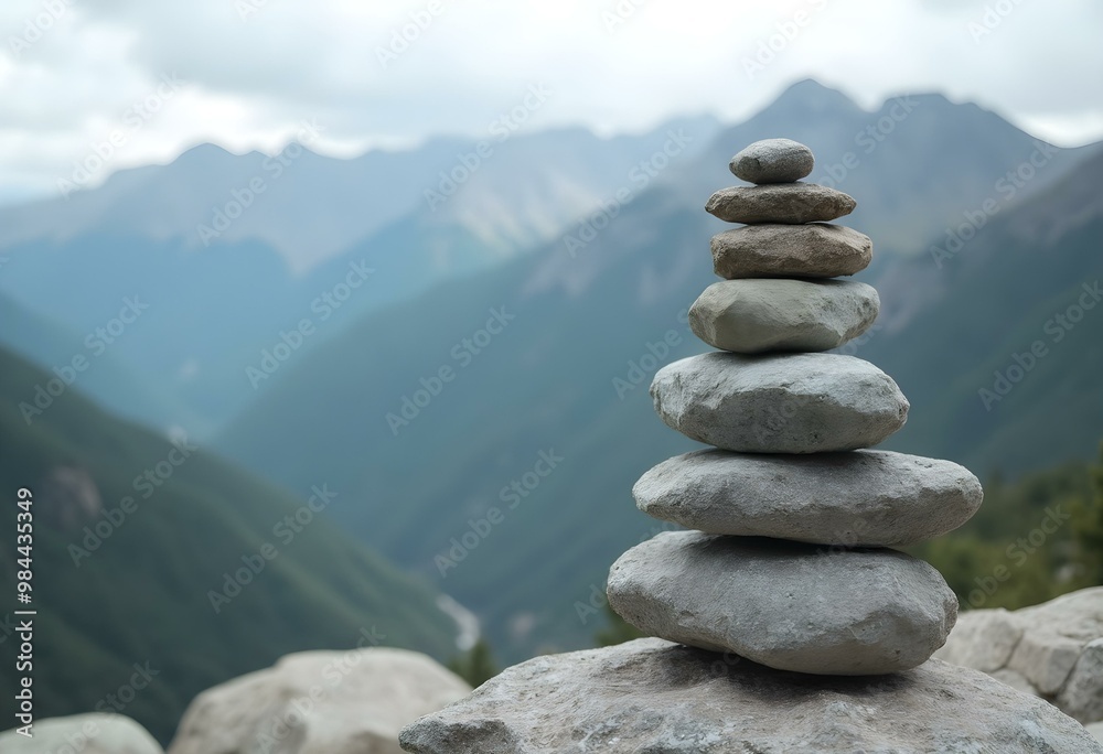 A series of smooth rocks stacked carefully in a natural formation, set against the backdrop of rolling mountains. The cloudy sky and misty peaks add to the tranquil and contemplative atmosphere A series of smooth rocks stacked carefully in a natural formation, set against the backdrop of rolling mountains. The cloudy sky and misty peaks add to the tranquil and contemplative atmosphere