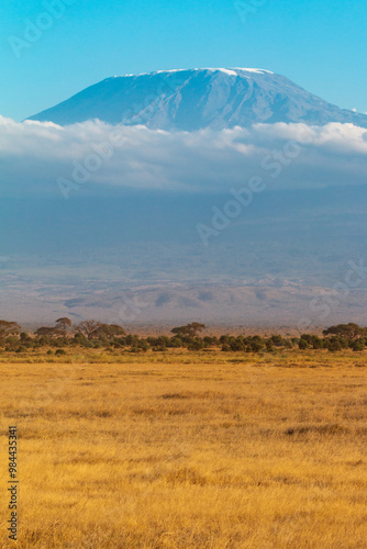 Mount Kilimanjaro Towering Over the African Savanna in Amboseli National Park, Kenya – Scenic Landscape with Clear Sky