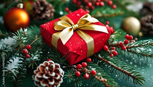 Festive holiday scene with a red gift adorned with a golden bow, surrounded by pine needles and ornaments against a vibrant green background