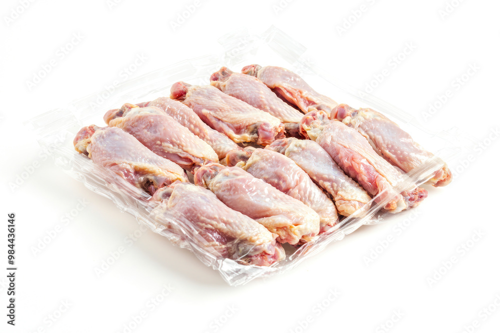 Raw uncooked chicken wings in package, white background. Raw uncooked chicken wings in package, white background.