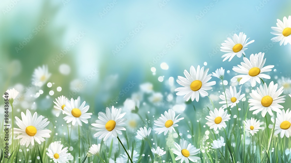 A close-up image of white daisies with yellow centers. The daisies are in focus, while the background is a soft blur of green and blue. A close-up image of white daisies with yellow centers. The daisies are in focus, while the background is a soft blur of green and blue.