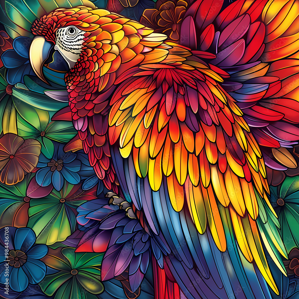 Obraz premium Stained glass vector-style image of beautiful Scarlet Macaw bird tail, tropical flowers, bird feathers, color coordinated abstract expressionism surrealism apophysis paisley design