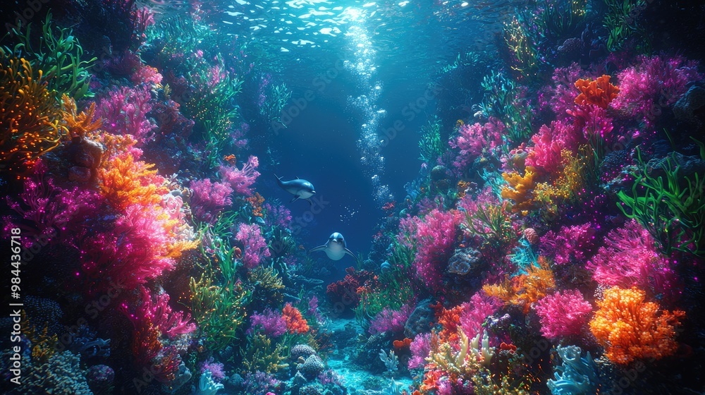 Naklejka premium A magical underwater Christmas scene with marine creatures like dolphins and turtles decorating coral reefs with glowing ornaments and seaweed garlands, Santa wearing a diving suit delivering gifts to