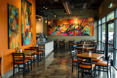 Stylish café interior featuring vibrant wall art and modern furnishings in an inviting, casual dining atmosphere. photo