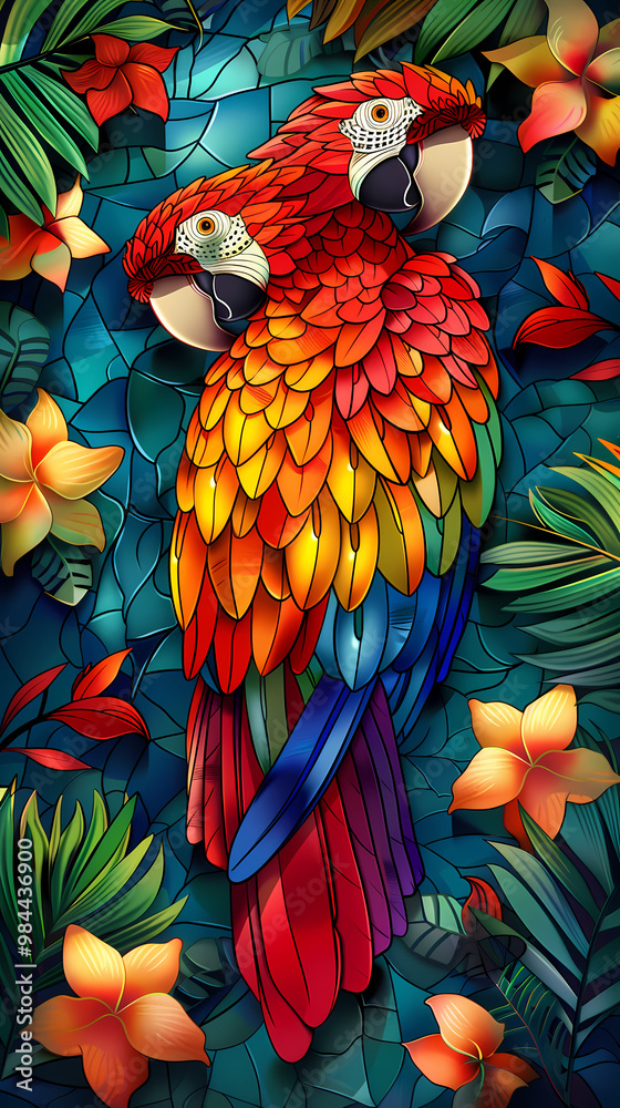 Obraz premium Stained glass vector-style image of beautiful Scarlet Macaw bird tail, tropical flowers, bird feathers, color coordinated abstract expressionism surrealism apophysis paisley design