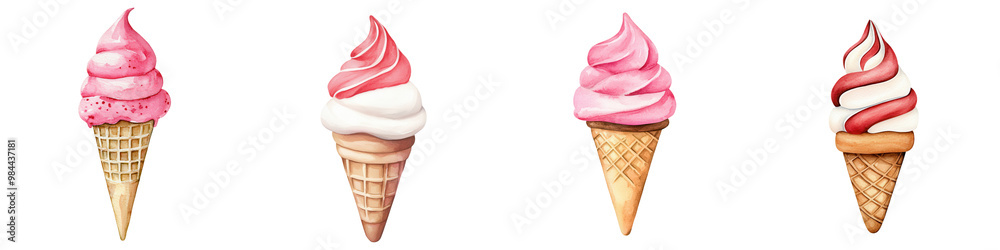 Delicious ice cream cones with pink and white swirls on a clean white background. Delicious ice cream cones with pink and white swirls on a clean white background.
