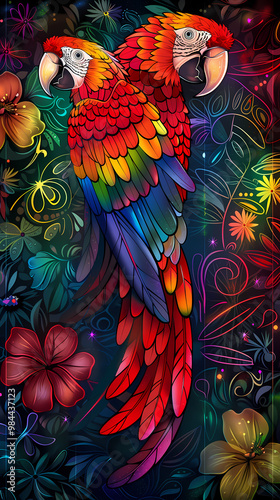 Stained glass vector-style image of beautiful Scarlet Macaw bird tail, tropical flowers, bird feathers, color coordinated abstract expressionism surrealism apophysis paisley design