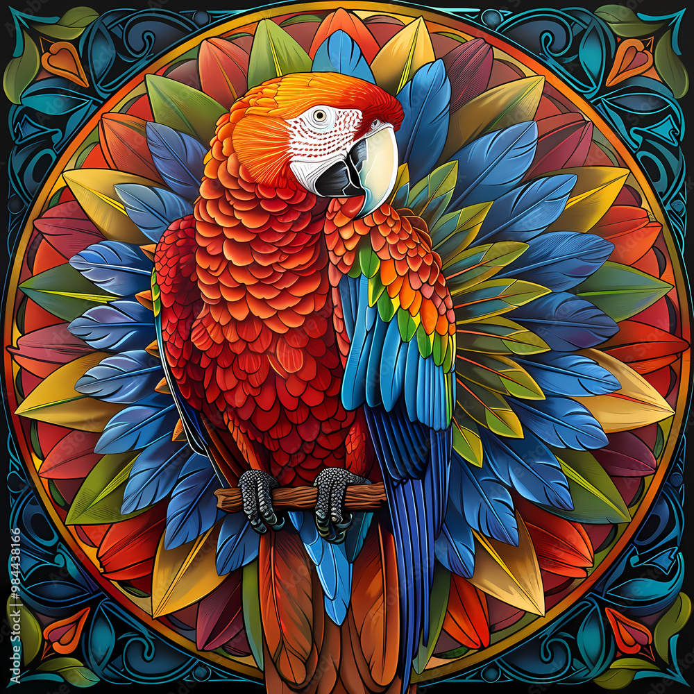 Fototapeta premium very bright and colorful mandala,very detailed high quality,object in center,Scarlet Macaw whole body