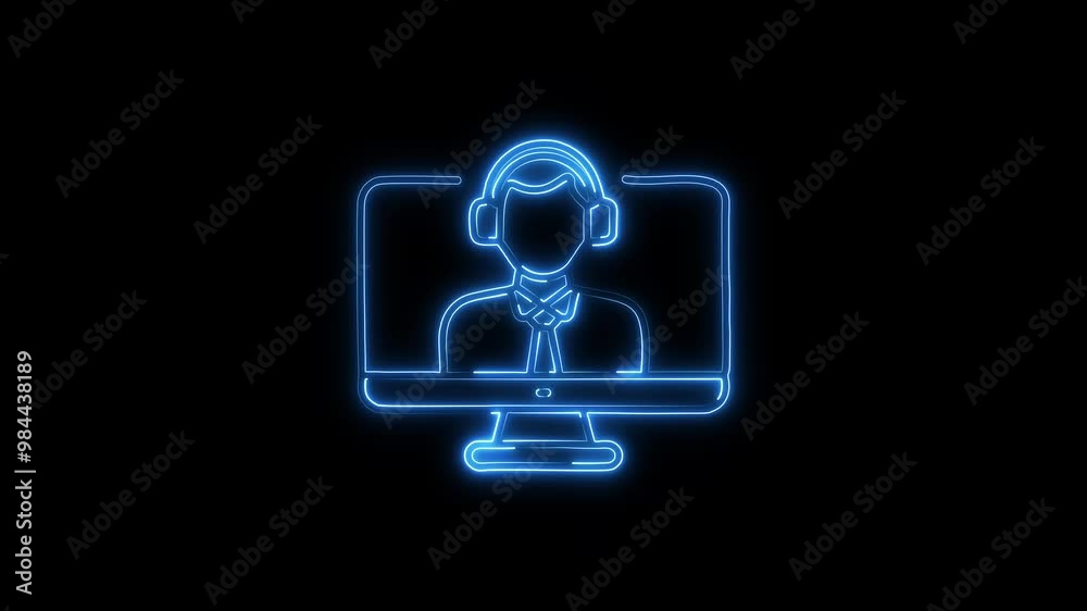 Abstract glowing neon line virtual assistant or chat bot icon animation on black background. artificial intelligence man using laptop computer with neon glow light and chat bot assistant Abstract glowing neon line virtual assistant or chat bot icon animation on black background. artificial intelligence man using laptop computer with neon glow light and chat bot assistant