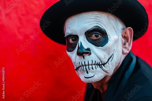 A dramatic portrait of a man painted with black and white skeleton face paint, wearing a black hat against a vivid red background, evoking a sense of mystery and contrast.