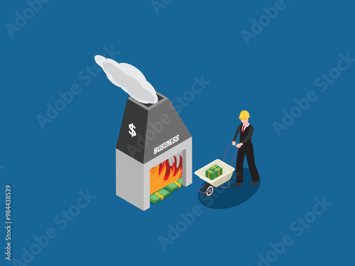 Business Loss Concept with Money Burning 3d isometric vector illustration