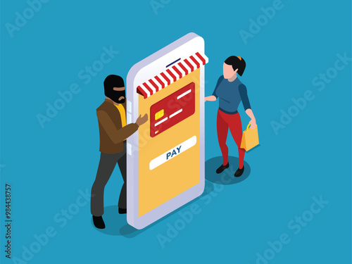 Online Payment Fraud Concept with Cyber Criminal Stealing Credit Card Information 3d isometric vector illustration