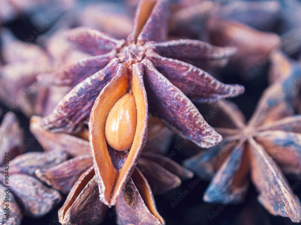 A close-up of anise seeds, highlighting their texture and nuances, is ideal for illustration of spices and cooking A close-up of anise seeds, highlighting their texture and nuances, is ideal for illustration of spices and cooking