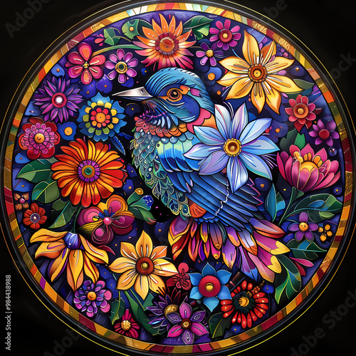 very bright and colorful mandala,very detailed high quality,object in center,Scarlet Macaw whole body