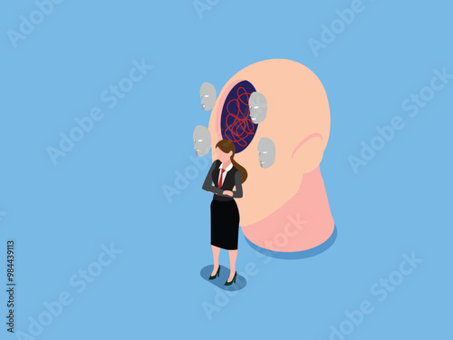 Businesswoman Facing Inner Conflict with Masks and Tangled Thoughts - Mental Health and Identity 3d isometric vector illustration