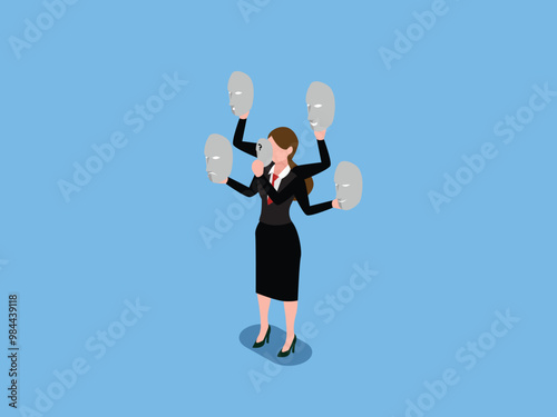 Businesswoman Holding Multiple Masks – Identity and Role-Playing 3d isometric vector illustration
