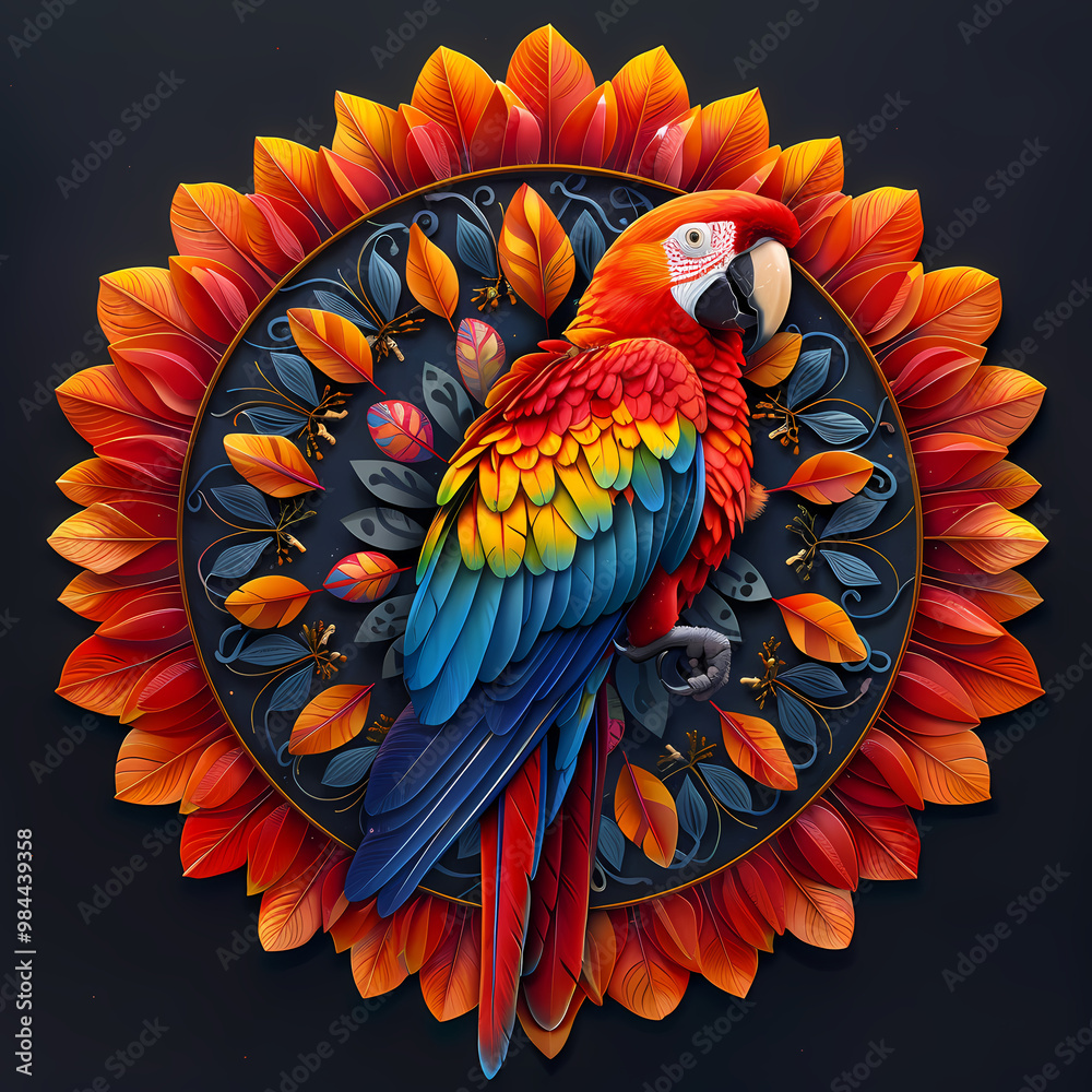 Obraz premium very bright and colorful mandala,very detailed high quality,object in center,Scarlet Macaw whole body