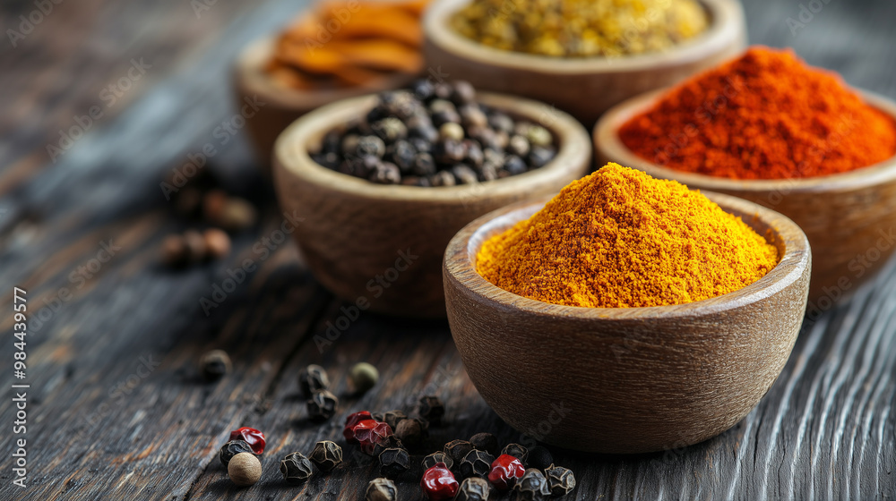 A Spice Symphony: Vibrant Turmeric, Paprika, and Pepper in Wooden Bowls A Spice Symphony: Vibrant Turmeric, Paprika, and Pepper in Wooden Bowls