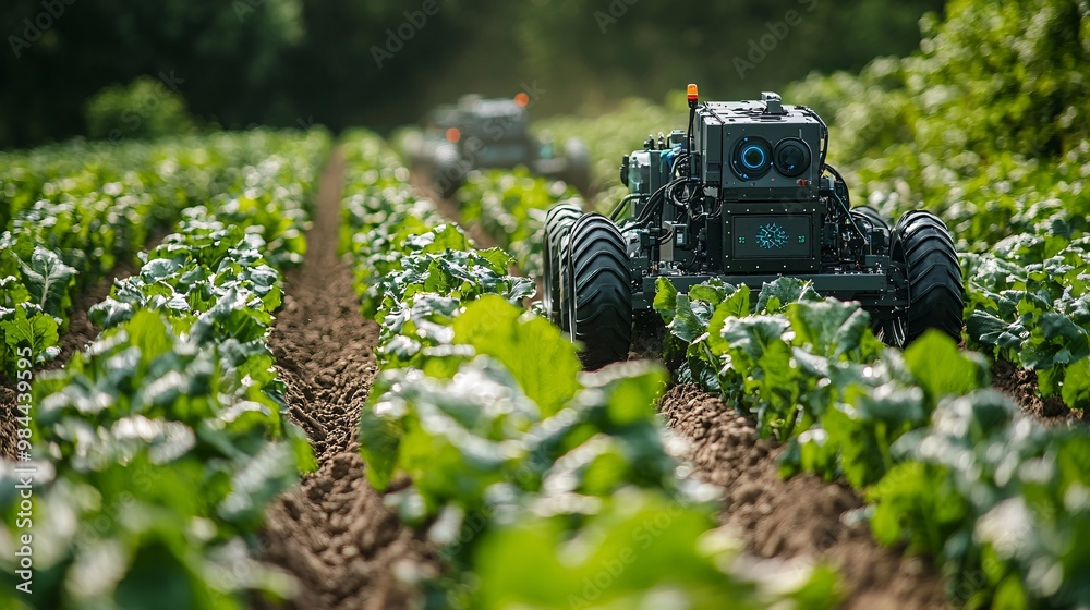 Autonomous vehicles planting, watering, and fertilizing crops under AI supervision, ensuring the most efficient farming process Autonomous vehicles planting, watering, and fertilizing crops under AI supervision, ensuring the most efficient farming process