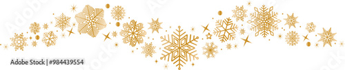 Snowflakes border in wave shape.Golden snowflakes with stars border. Golden snowflakes wave vector. Christmas decoration.	Template with a gold snowflake .