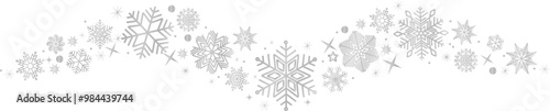 Snowflakes border in wave shape. Silver snowflakes with stars border. Silver snowflakes wave vector. Christmas decoration.	Template with a winter snowflake .