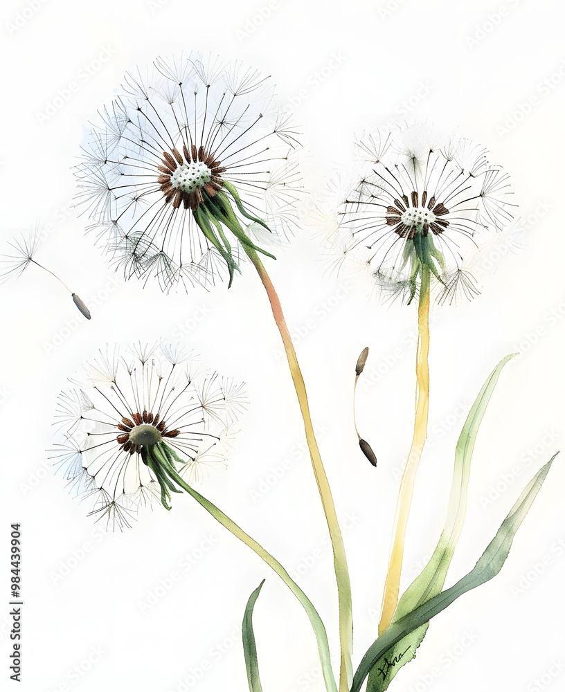 watercolor illustration of dandelions fluttering in the wind close up on a white background