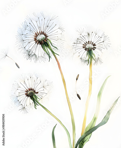 Obraz na płótnie watercolor illustration of dandelions fluttering in the wind close up on a white background w salonie