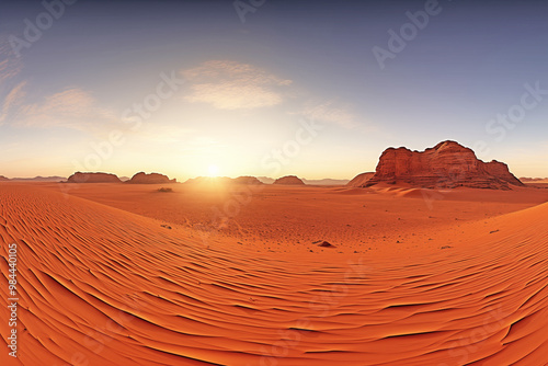 Spherical 360 degrees seamless panorama view in equirectangular projection,  wild natural landscape of a beautiful desert of dry hot sand and arid mountains with the sun shining low at the horizon