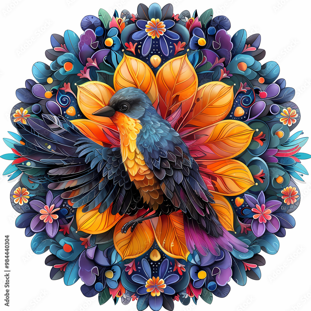 Obraz premium very bright and colorful mandala,very detailed high quality,object in center,Scarlet Macaw whole body