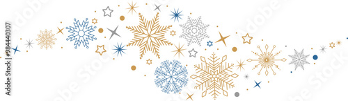 Snowflakes border in wave shape.Golden snowflakes with stars border. Golden snowflakes wave vector. Christmas decoration.	Template with a christmas elements .Snowflakes garland