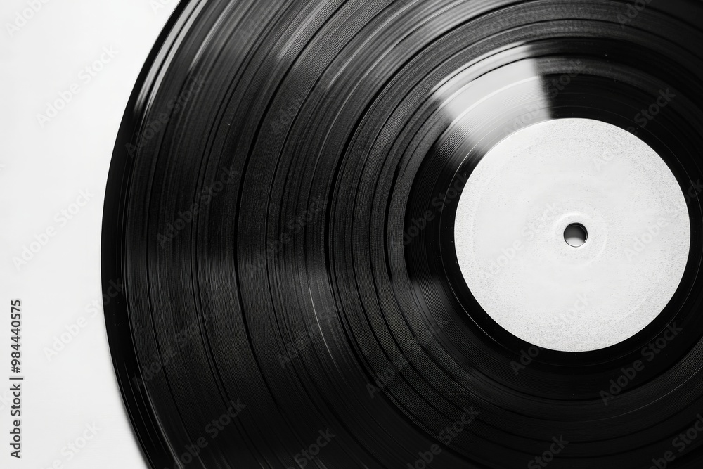 Photograph of a black vinyl record spinning on a turntable with a blank white label in the center, capturing the essence of classic music playback technology. Photograph of a black vinyl record spinning on a turntable with a blank white label in the center, capturing the essence of classic music playback technology.