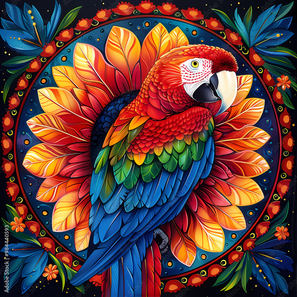 Obraz premium very bright and colorful mandala,very detailed high quality,object in center,Scarlet Macaw whole body