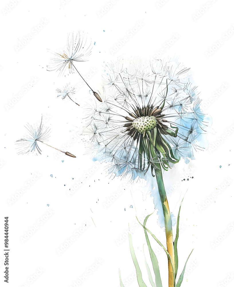 watercolor illustration of dandelions fluttering in the wind close up on a white background
