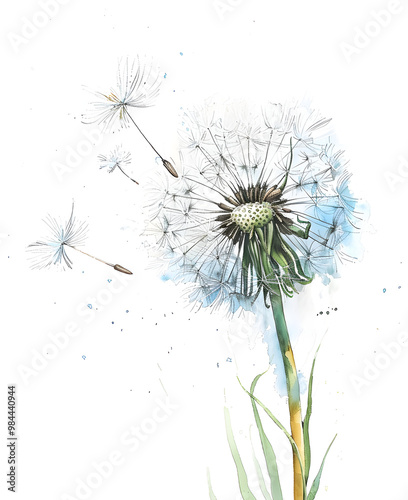 Obraz na płótnie watercolor illustration of dandelions fluttering in the wind close up on a white background w salonie
