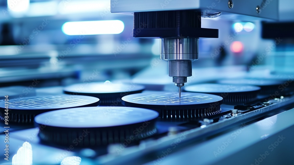 Close-up of semiconductor wafers being precisely processed by automated machinery in a cleanroom environment. Close-up of semiconductor wafers being precisely processed by automated machinery in a cleanroom environment.