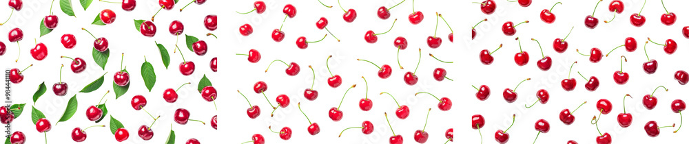 Collection of red cherries fresh berry pattern from flat view isolated on white or transparent background Collection of red cherries fresh berry pattern from flat view isolated on white or transparent background