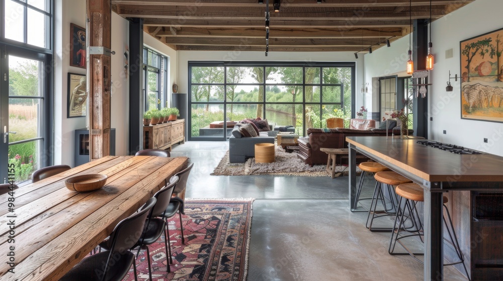 Rustic and Cozy Modern Interior of Spacious Open Plan Living Dining Room with Wooden Furniture and Natural Lighting Rustic and Cozy Modern Interior of Spacious Open Plan Living Dining Room with Wooden Furniture and Natural Lighting