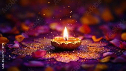 A single diya surrounded by vibrant marigold and rose petals, with glitters and sparkles in air, on a rich purple and gold rangoli, low level angle, copy space, happy Diwali background, traditional